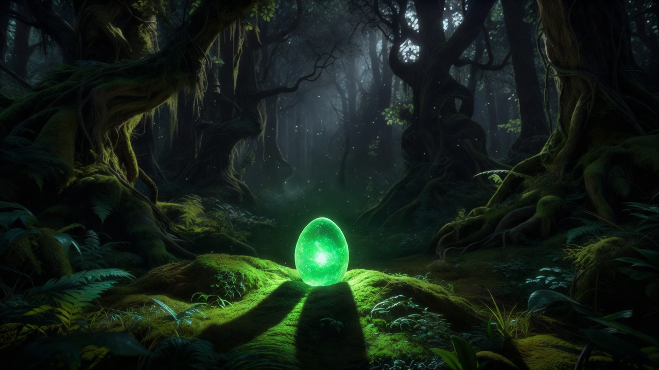 Mysterious glowing magical green neon egg resting on soft moss within a deep fantasy forest
